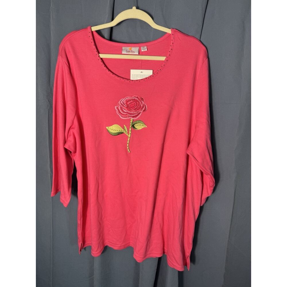 Quacker Factory Pink Rose Shirt Women’s‎ Plus 3X Rhinestone Floral Top Y2K